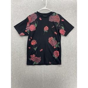 Black Scale Men's Crew Neck Shirt Short Sleeve Black Red Roses Cotton Small